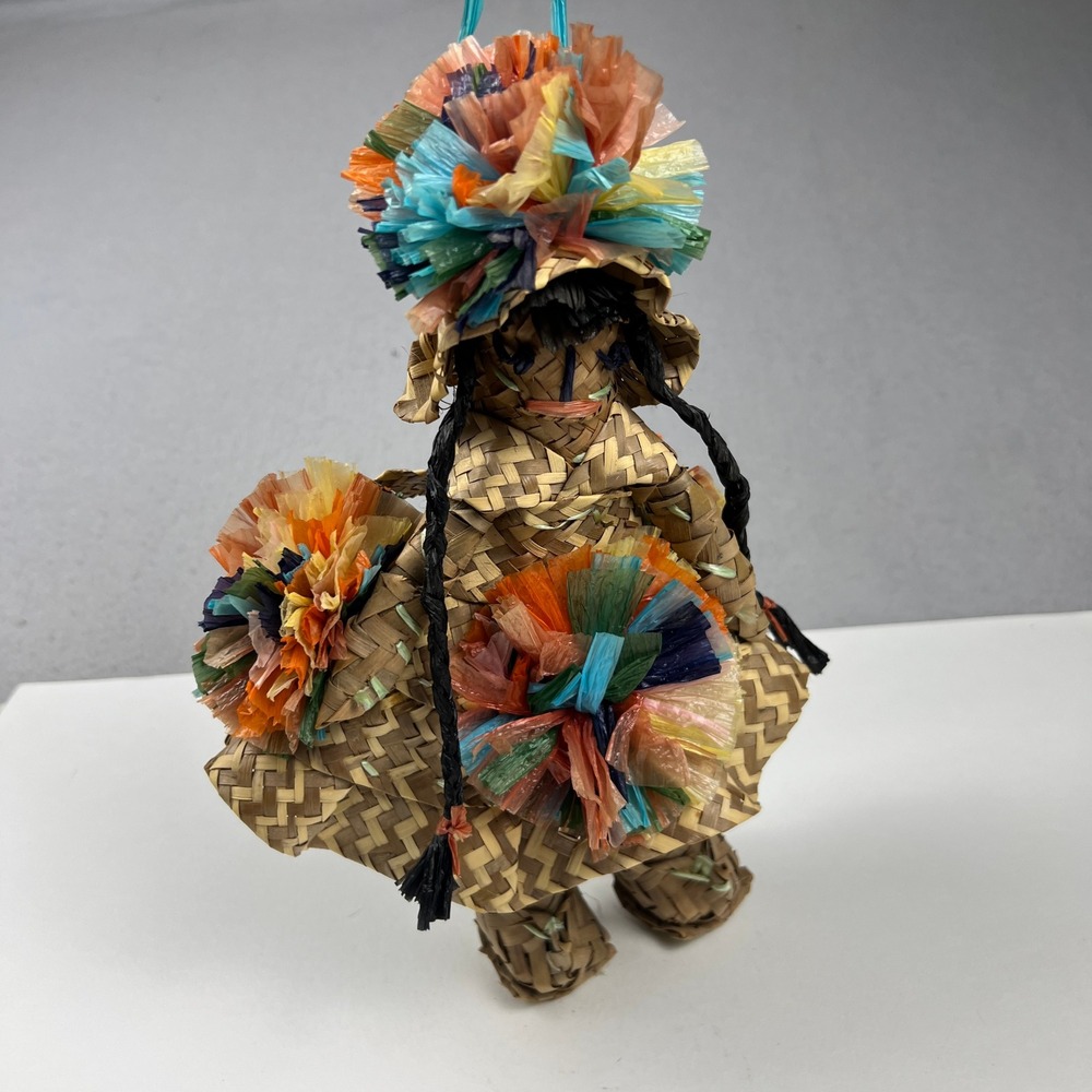 VTG Woven Straw Doll Folk Art 12" Multi Raffia Pom Pom Tropical Boho Tropical